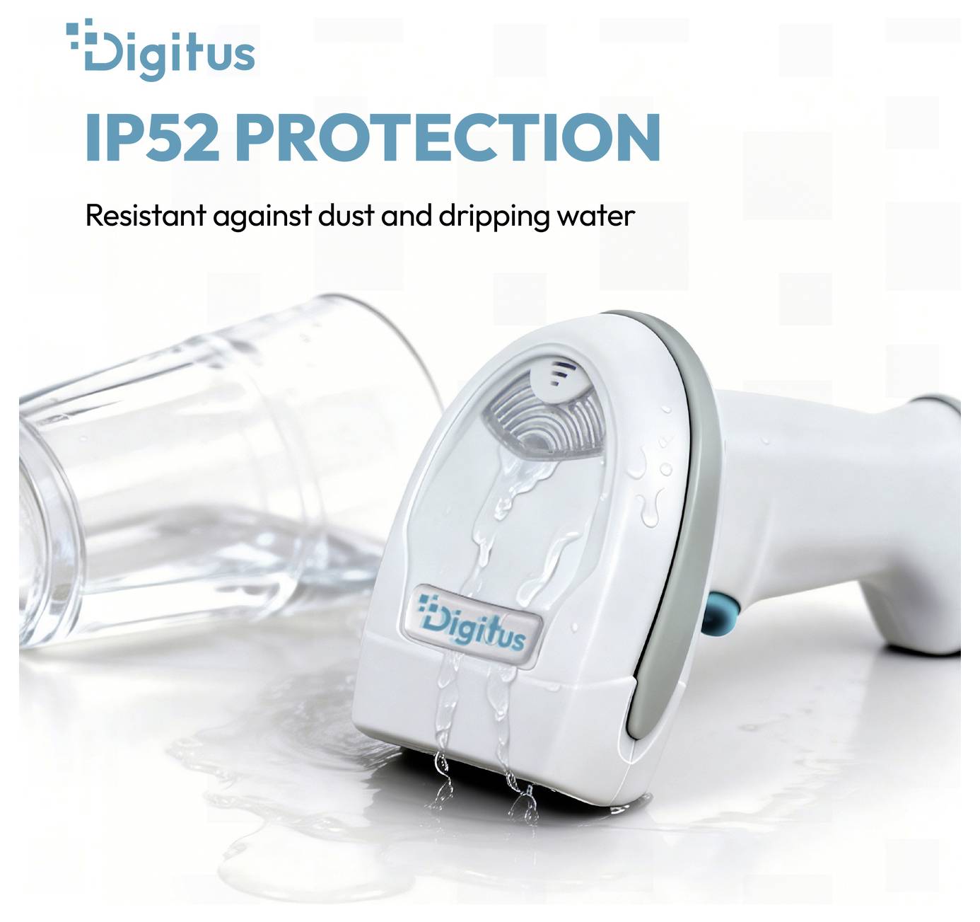 Digitus IP52-Schutz-Haarschneider oder Gerät, das Widerstand gegen tropfendes Wasser zeigt, mit Text „Widerstandsfähig gegen Staub und tropfendes Wasser".