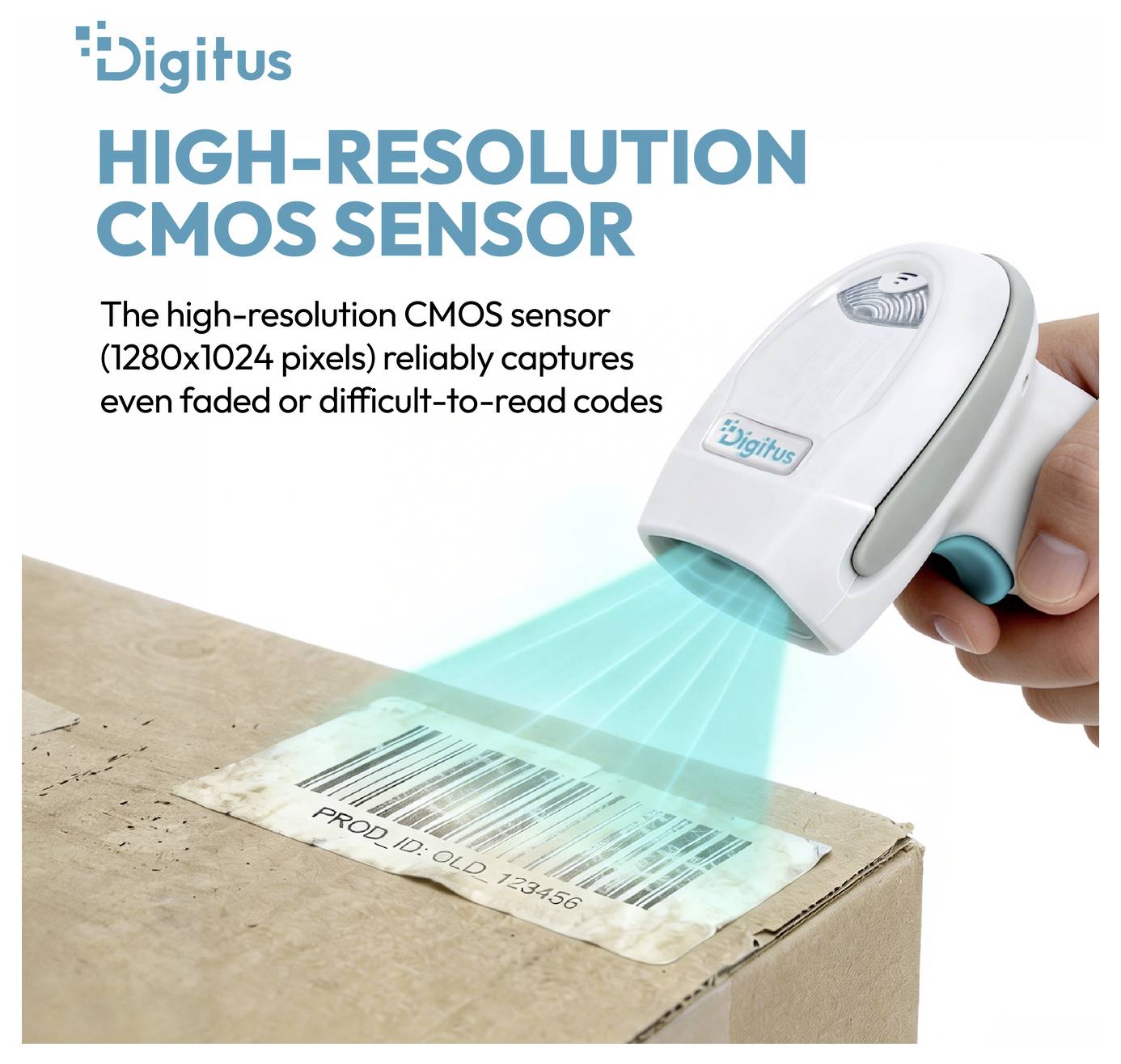 Digitus hochauflösender CMOS-Sensor-Barcode-Scanner liest einen verblassten Barcode auf einem Karton.