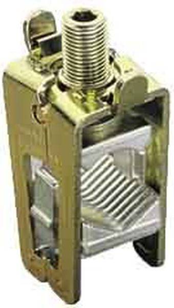 Ein Messingklemmenblock für elektrische Anwendungen mit einem Gewindestift oben und einer Metallklemmöffnung zum Anschließen von Drähten.