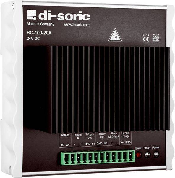 di-soric BC-100-20A 24V DC Industriegerät mit schwarzem Kühlkörper, grünem Terminalblock und gekennzeichneten Status-LEDs an der Vorderseite