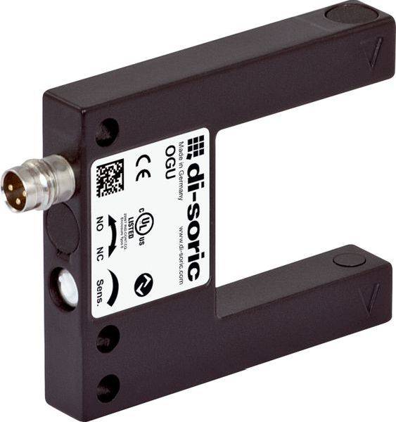 Industrieller U-förmiger photoelektrischer Sensor mit Stecker und Aufschrift 'di-soric', auf weißem Hintergrund dargestellt.