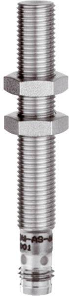 Gewindelter Metallsensor mit zwei Sechskantmuttern und einem zylindrischen Basisstecker.