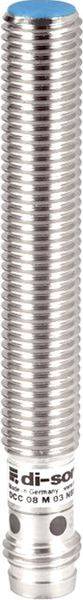 Ein silberner Zylindersensor mit Gewinde, blauer Oberseite und Etikett in der Nähe der Basis, aufrecht auf weißem Hintergrund dargestellt.