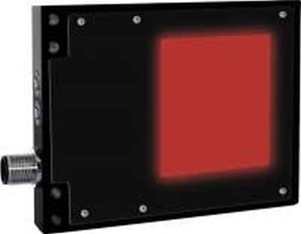 Schwarze Industriekamera oder Sensor mit leuchtend rotem quadratischem Display auf der Vorderseite und einem metallischen Gewinde-Anschluss auf der linken Seite.