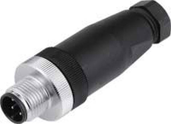 Schwarzer zylindrischer Industrialkabelstecker mit Gewinde-Metallende und Verriegelungsbund, auf weißem Hintergrund dargestellt.