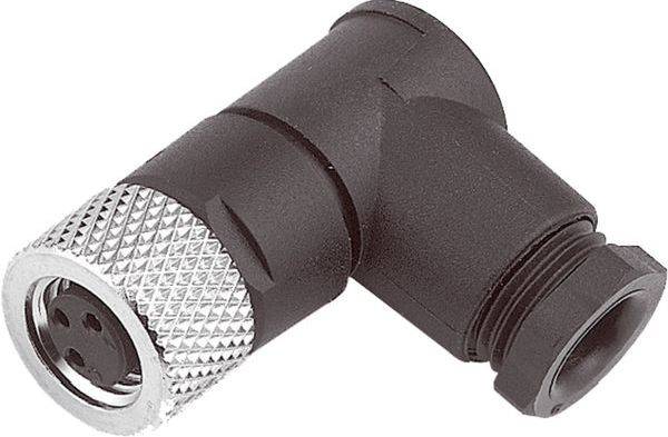 Schwarzer rechtwinkliger Industriesteckverbinder-Adapter mit gerilltem silbernem Verriegelungsring und Gewindelutsche auf weißem Hintergrund