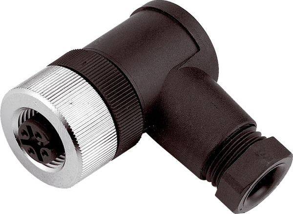 Rechtwinkeliger runder Elektrostecker mit schwarzem Gehäuse und silbernem Verriegelungsring auf weißem Hintergrund.