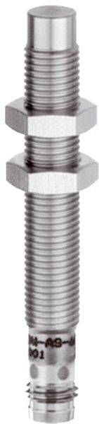 Nahaufnahme eines gewindelten metallischen zylindrischen Sensors oder einer Schraube mit zwei Sechskantmuttern und einem markierten unteren Abschnitt, dargestellt auf weißem Hintergrund.