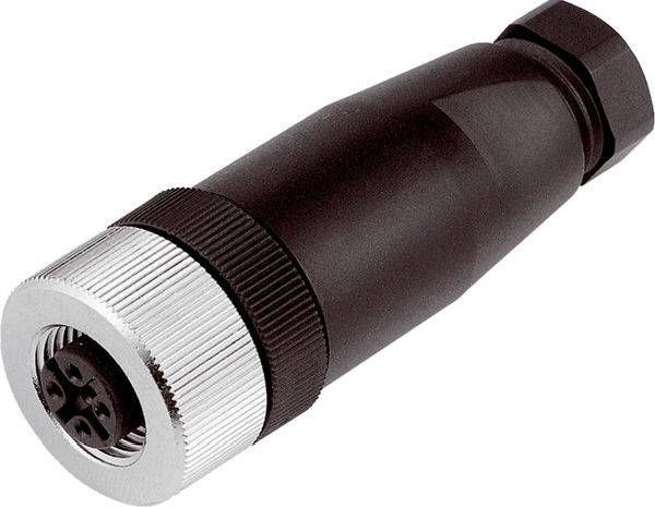 Schwarzer zylindrischer Industriestecker-Adapter mit versilbertem Gewinde-Ende und Mehrpolig-Buchse auf weißem Hintergrund