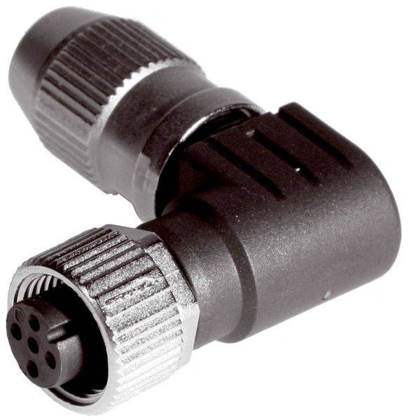 Winkelstecker mit Kunststoffgehäuse, Kabelverbinder mit geriffeltem Metallkupplungsring und schwarzem Kunststoffgehäuse auf weißem Hintergrund.