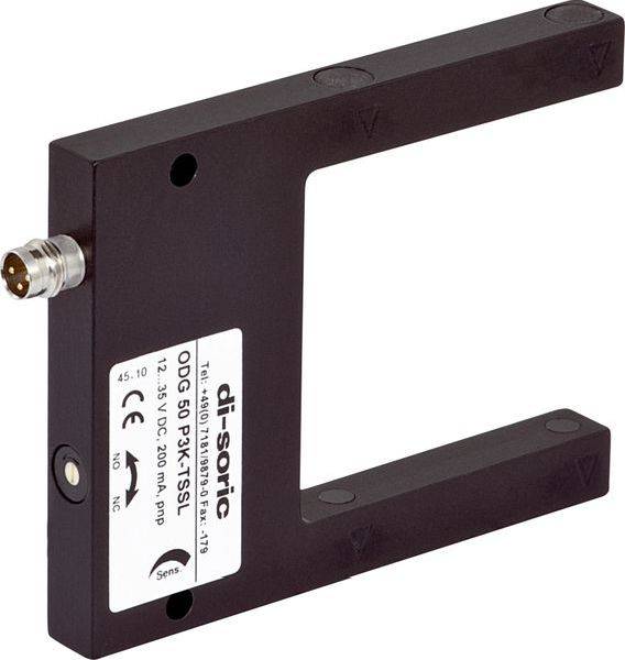 Schwarzer rechteckiger optischer Gabelschalter mit U-förmiger Öffnung, Seitenstecker und Beschriftung für die industrielle Erkennung.