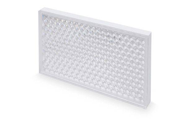 Rechteckiges transparentes Acrylpanel mit strukturiertem Rautenmuster, in Perspektive auf weißem Hintergrund dargestellt.