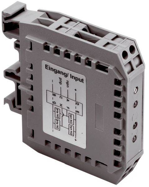 Graues Elektroeingangsmodul mit beschrifteter Schaltplan und Schraubklemmen, dargestellt in Seitenansicht auf weißem Hintergrund.
