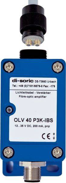 Blaue Zwei-Stufen-Faseroptik-Verstärkereinheit mit Anschlussport und Kennzeichnung 'OLV 40 P3K-IBS', Vorderansicht auf weißem Hintergrund dargestellt.