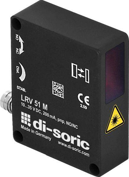 Black di-soric LRV 51 M Industriesensor mit Laserwarnetikett, Digitalanzeige und gekennzeichneten Ein-/Aus-/Abstandsreglern.