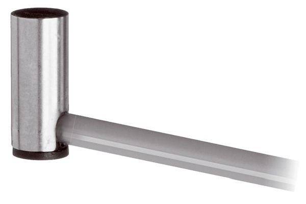 Nahaufnahme eines Metallscharniers oder Drehgelenks mit einem silbernen zylindrischen Gehäuse und einem geraden grauen Arm, der sich nach rechts erstreckt.