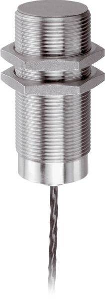 Metallischer Gewinde-Zylindersensor oder Messfühler mit sechskantiger Befestigungsmutter und einer Kabelleitung, die sich von der Unterseite erstreckt.