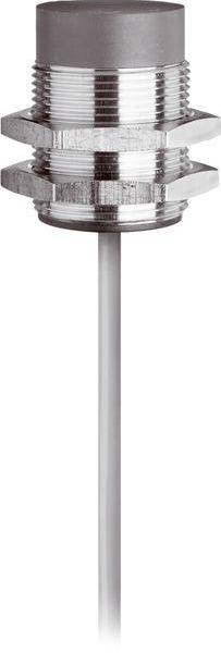Nahaufnahme eines zylindrischen Metallsensors oder einer Sonde mit Gewindelkörper und einem langen geraden Schaft auf weißem Hintergrund.