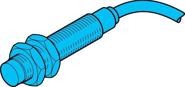 Blauer Gewindezylinder-Sensor oder Stecker mit einem gebogenen Kabel, das sich von oben rechts erstreckt.
