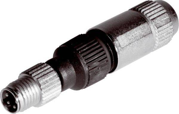 Metallischer kreisförmiger Kabelsteckeradapter mit Gewinde an den Enden, gezeigt auf weißem Hintergrund.