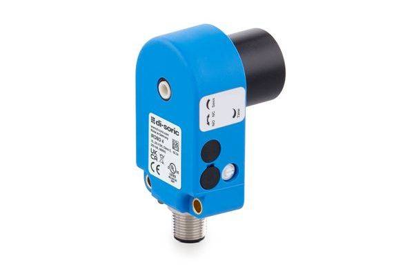 Blauer Industrie-Sensor mit schwarzem Stecker und Gewinde-Metall-Befestigungsende auf weißem Hintergrund.