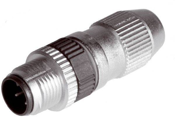 Metallischer runder Steckverbinder mit Gewinde am Ende und gerilltem silber- und schwarzem Gehäuse, dargestellt vor weißem Hintergrund.