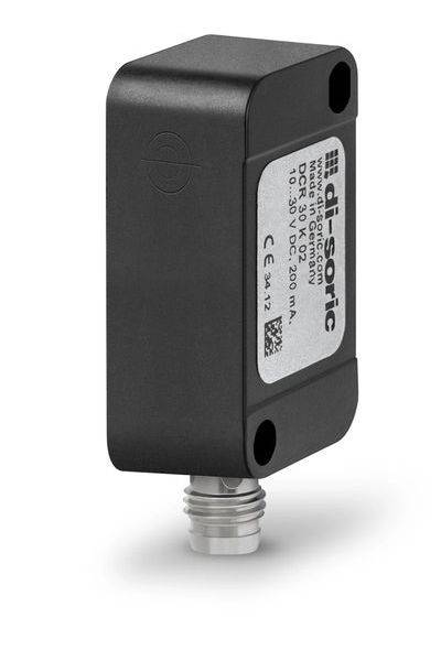 Schwarzer rechteckiger elektronischer Sensor mit Gewinde-Metallstecker, gekennzeichnet mit „di-soric