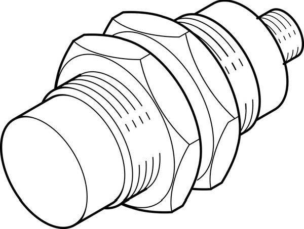 Schwarz-weiße technische Illustration einer Gewinde-Metallverbindung oder eines Verbindungsstücks mit sechskantigem Gehäuse und zylindrischen Enden, in Perspektivdarstellung gezeigt.