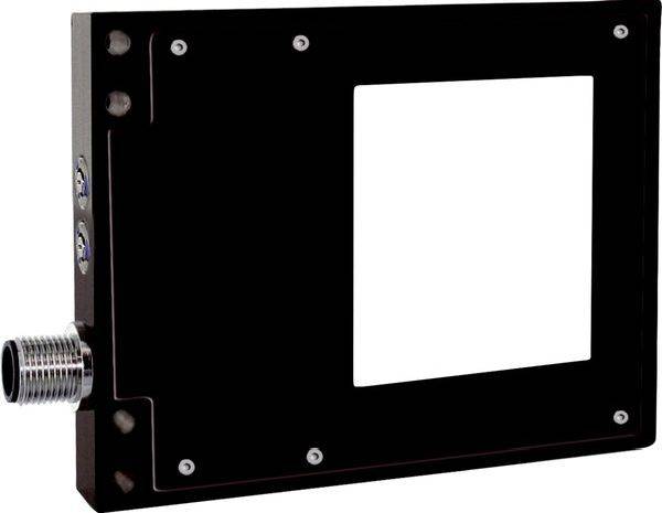 Schwarzes rechteckiges elektronisches Gerät mit großem weißem quadratischem Panel und Gewinde-Metallstecker auf der linken Seite, gezeigt auf weißem Hintergrund.