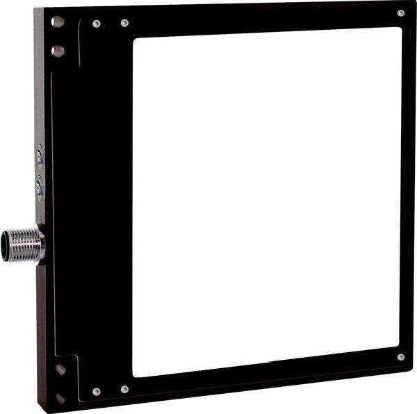 Schwarzes quadratisches Industriepanel mit einem Gewinde-Seitenverbinder und weißer Mittelöffnung, gezeigt vor weißem Hintergrund.