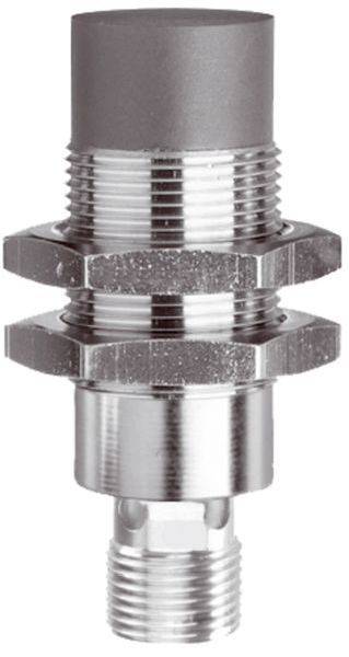 Metallischer Kabeleinführung mit Gewinde, Sechskantmuttern, grauer Oberkappung und Anschlussverbinder unten auf weißem Hintergrund.