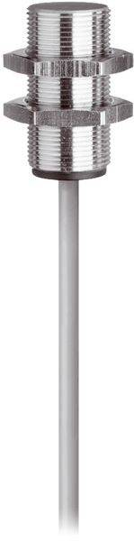 Edelstahl-Gewindezylindersensor oder -stecker mit Kabelzuleitung, vertikal auf weißem Hintergrund dargestellt.