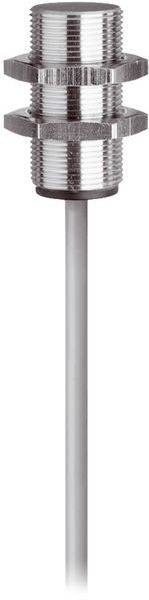 Metallischer Gewindezylindersensor oder Stecker mit einem nach unten verlaufenden Kabel auf weißem Hintergrund