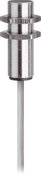 Metallischer zylindrischer Sensor mit Gewinde und glatter Messspitze, die nach unten verläuft, auf weißem Hintergrund dargestellt.