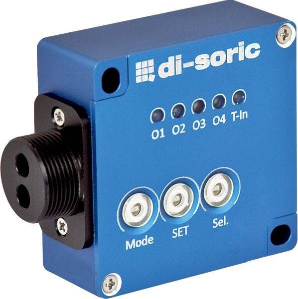 Blauer di-sorischer Industrie-Sensor mit schwarzem Gewindelinsen, Anzeigelichtern mit den Bezeichnungen O1, O2, O3, O4, T-in und Schaltflächen mit den Bezeichnungen Mode, SET, Sel.