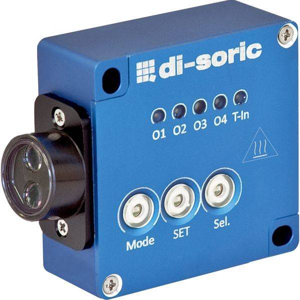 Blaugraue di-sorische industrielle Sensoreinheit mit Linse auf der linken Seite, Status-LEDs mit den Beschriftungen O1 O2 O3 O4 T-in und drei Frontschaltflächen mit den Bezeichnungen Mode, SET und Sel.