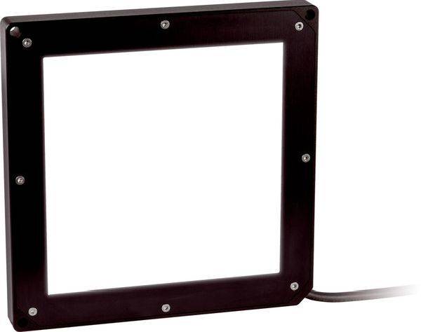 Quadratisches schwarzes LED-Lichtpanel mit weißer beleuchteter Mitte und einem Stromkabel, das sich von der unteren rechten Seite erstreckt.