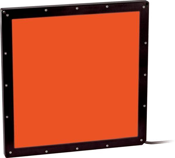 Oranges quadratisches Panel mit schwarzem schraubbefestigtem Rahmen und Stromkabel, vor weißem Hintergrund dargestellt.