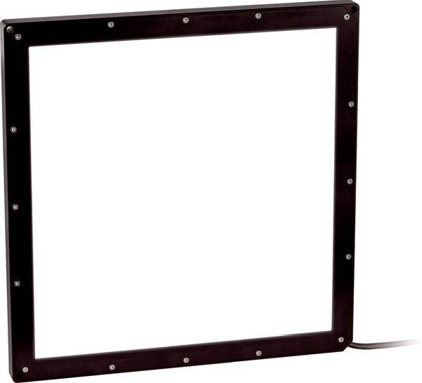 Ein quadratisches Lichtpanel mit schwarzem Rahmen, sichtbaren Befestigungsschrauben und einem Stromkabel, das von der rechten Seite herausragt.