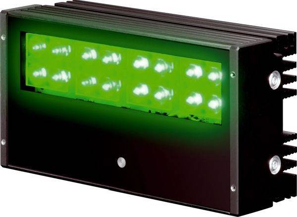 Schwarze rechteckige LED-Leuchte mit einem hellgrün beleuchteten Panel und mehreren kleinen LEDs, gezeigt auf weißem Hintergrund.