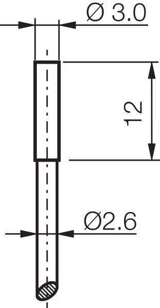 Technische Zeichnung eines zylindrischen Stabes oder Stifts mit Abmessungen Ø3,0 oben, Ø2,6 unten und Länge 12.