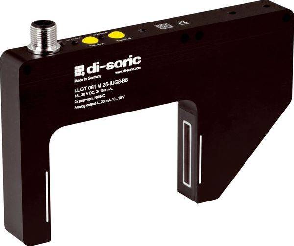 Schwarzer di-sorischer Industrie-U-förmiger Sensor mit Gewindestecker und zwei gelben Indikatoren, dargestellt auf weißem Hintergrund.