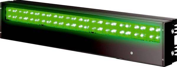 Schwarze rechteckige LED-Lichtleiste mit einem hell leuchtenden grünen Streifen an der Vorderseite.