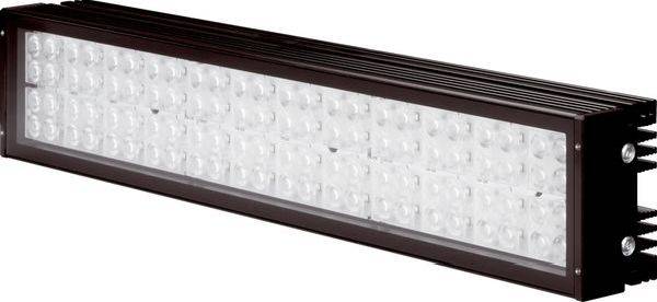 Rechteckige LED-Lichtleiste mit vielen weißen LEDs in einem dunklen Gehäuse, angewinkelt auf weißem Hintergrund dargestellt.