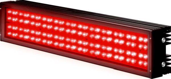 Rotes rechteckiges LED-Lichtpanel, das helles rotes Licht ausstrahlt, in schräger Ansicht auf weißem Hintergrund dargestellt.