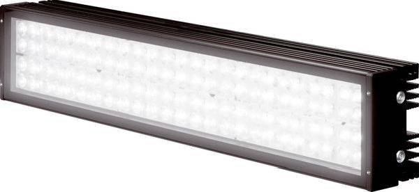 Langes rechteckiges LED-Leuchtengehäuse mit schwarzem Metallgehäuse und mattem weißem Diffusor, auf weißem Hintergrund dargestellt.