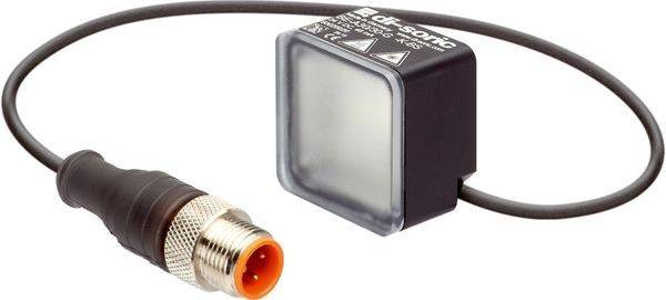 Schwarzer elektronischer Sensor mit angeschlossenem Kabel und Metallsteckerverbindung, dargestellt auf weißem Hintergrund.