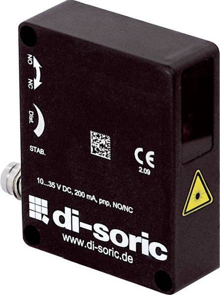 Schwarzes di-soric Industrialsensormodul mit ON/NC, DIS und STAB Markierungen, CE-Kennzeichen, Warnsymbol und 10...35 V DC Spezifikationen.