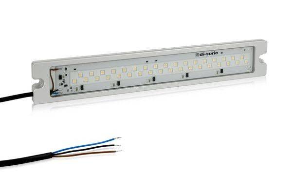 Langes rechteckiges LED-Leuchtmodul mit freiliegender Leiterplatte, angebrachtem schwarzem Stromkabel und drei unten gezeigten abisolierten Drähten.