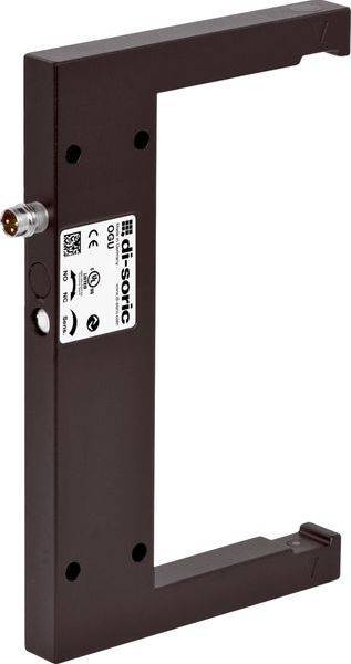 Dunkelbraune U-förmige Industriesensor oder Halterung mit Stecker und Beschriftung, auf weißem Hintergrund abgebildet.